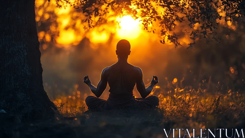 Sunlit monk in serene meditation beneath glowing canopy.