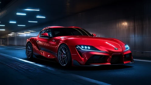 Red sports coupe under tunnel lights with dynamic reflections.