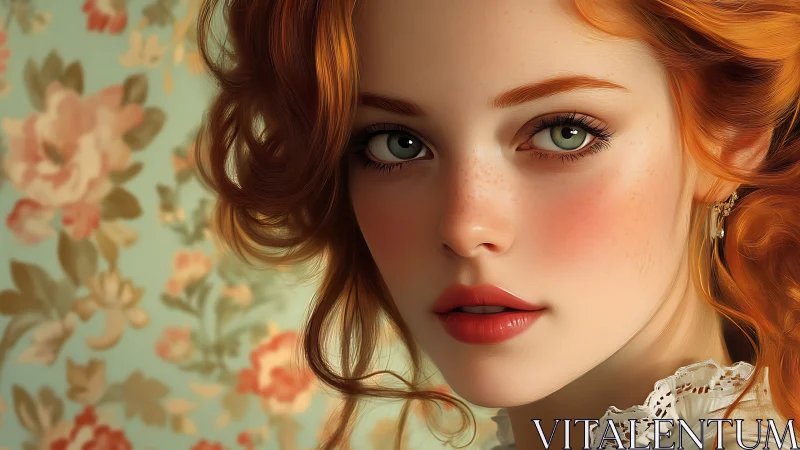 Red haired woman portrait with floral wallpaper background.