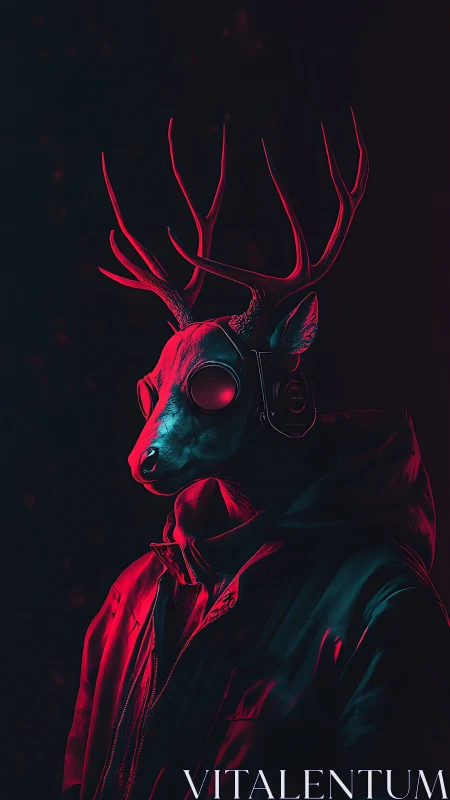 Neon antlered wanderer in cyberpunk shadows, quietly listening.