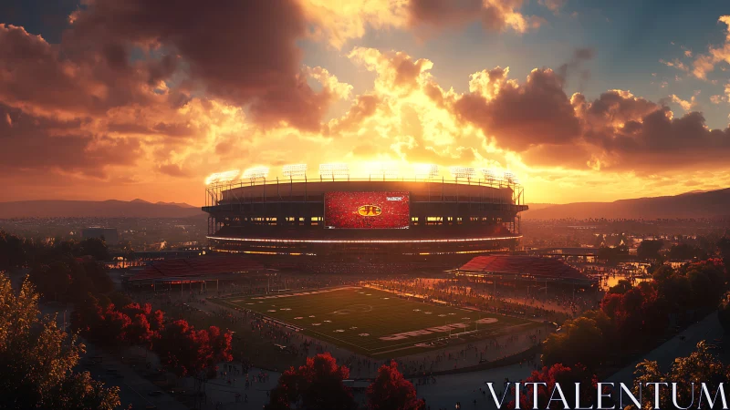 Sunset stadium glow where game night and golden sky meet.
