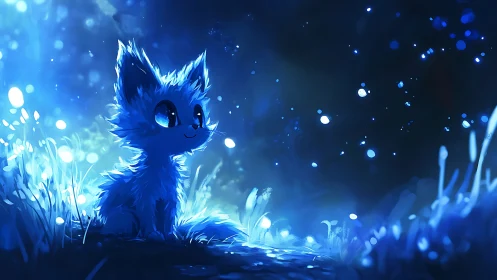 Blue glowing fox creature sits in luminous night meadow