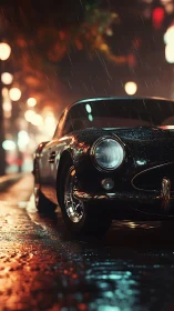 Classic sports car gleams under rainy neon city lights.