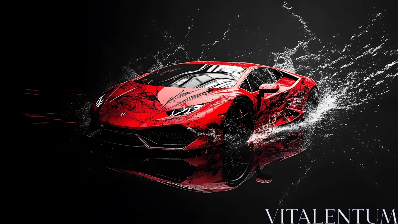 Red supercar bursts through water in a dramatic splash.