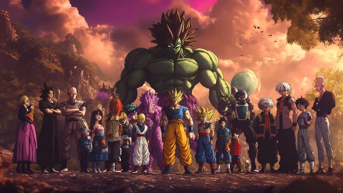 Anime warriors line up before massive green titan at sunset