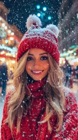 Smiling woman in red knitwear embraces a magical snowy night