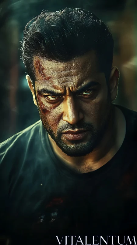 Battle-worn man with intense gaze in moody close-up portrait.