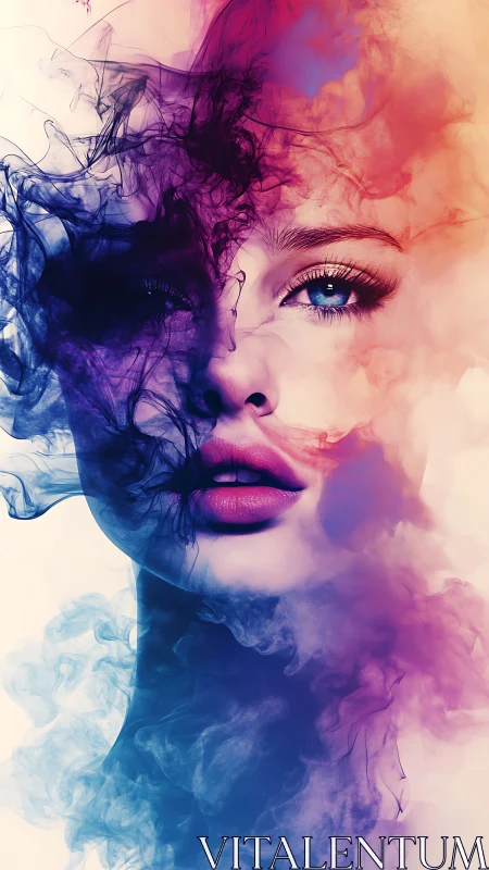 Abstract double-exposure portrait merges face with chromatic smoke