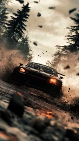 Rally car drifts through wet forest track throwing mud outward