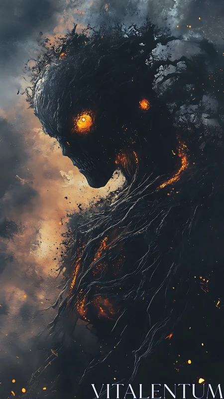 Charred humanoid figure with molten core and glowing eyes.