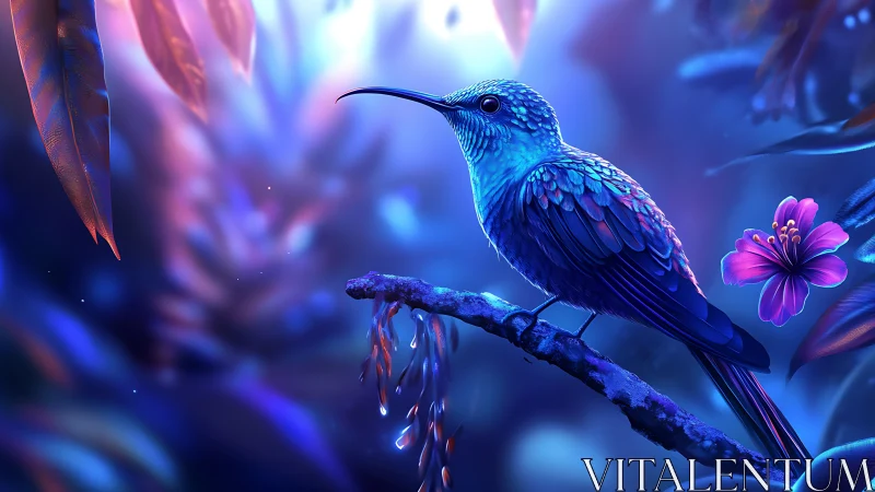 Bioluminescent azure bird on branch in neon jungle twilight.