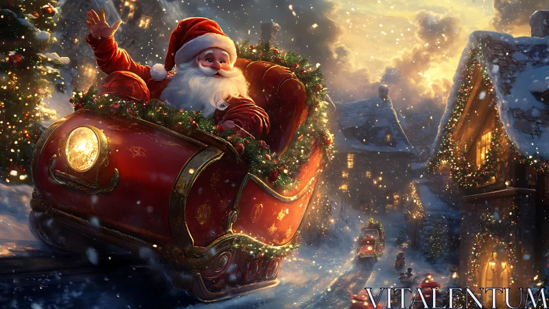 Santa rides glowing sleigh through snowy Christmas village.