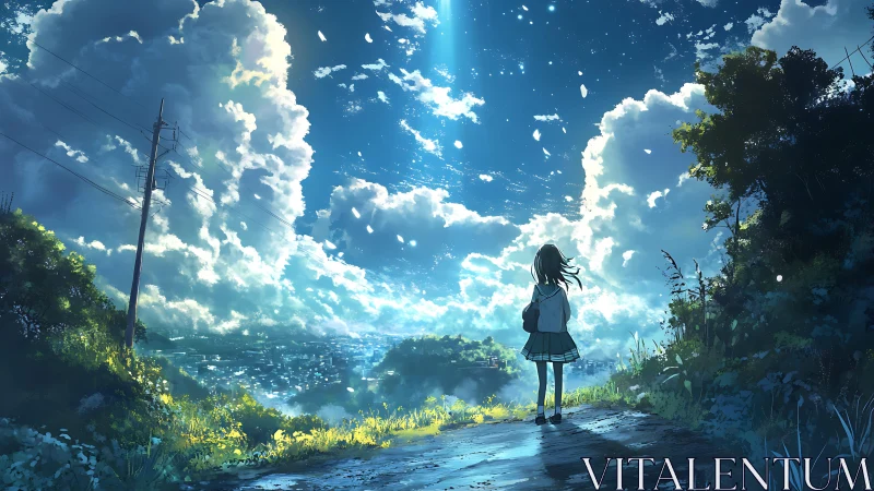 Solitary schoolgirl gazes toward a radiant, cloudlit horizon.
