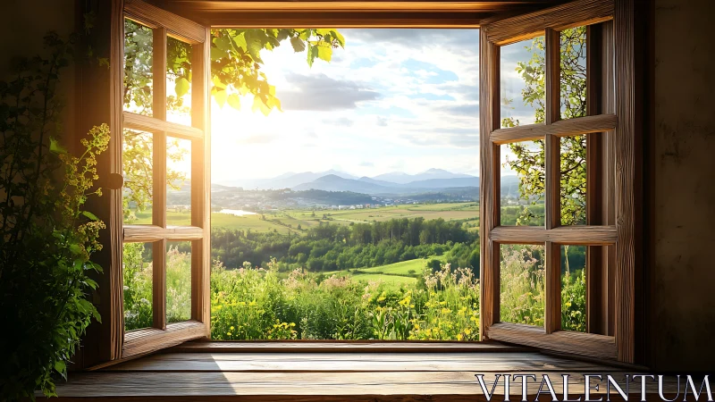 Sunlit valley windowframe pouring spring into a quiet room.