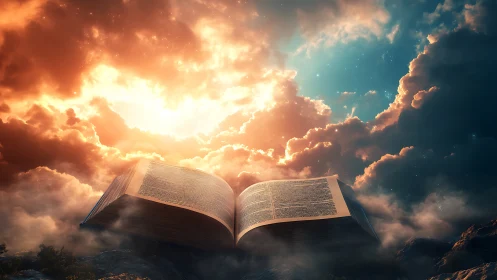 Luminous ancient tome floating in dramatic celestial cloudscape
