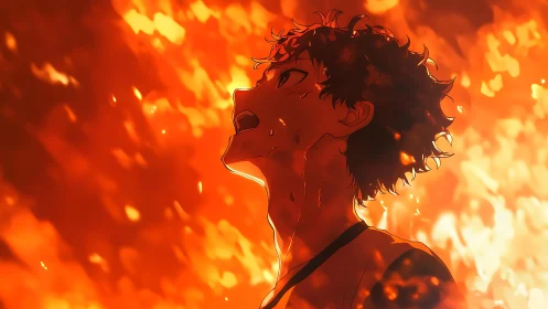 Anime boy stands against blazing inferno in heroic profile
