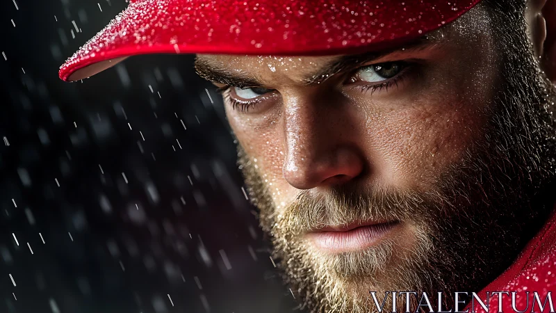 Bearded athlete glares through driving rain in red cap.