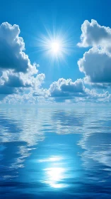 Radiant midday sun mirrored on tranquil open sea horizon.