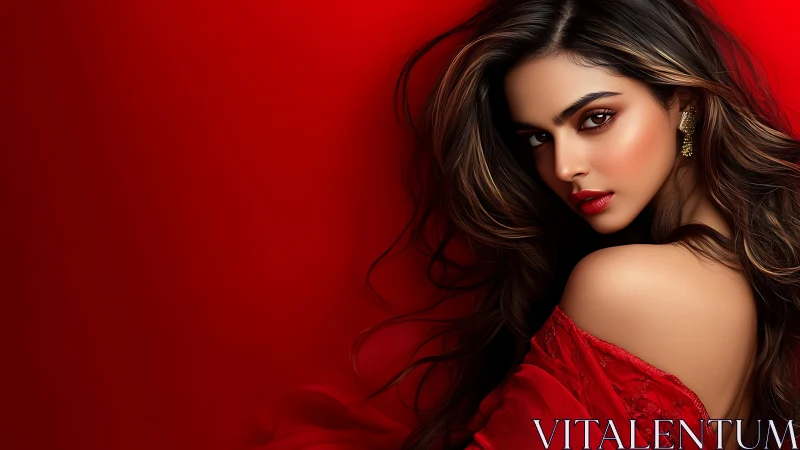 Scarlet-lit portrait of poised woman against vivid red field.
