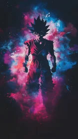 Energetic anime warrior silhouette in nebular chromatic burst.