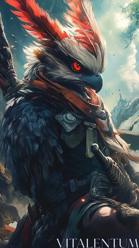 Armored hawk warrior stands amid stormlit forest sky.