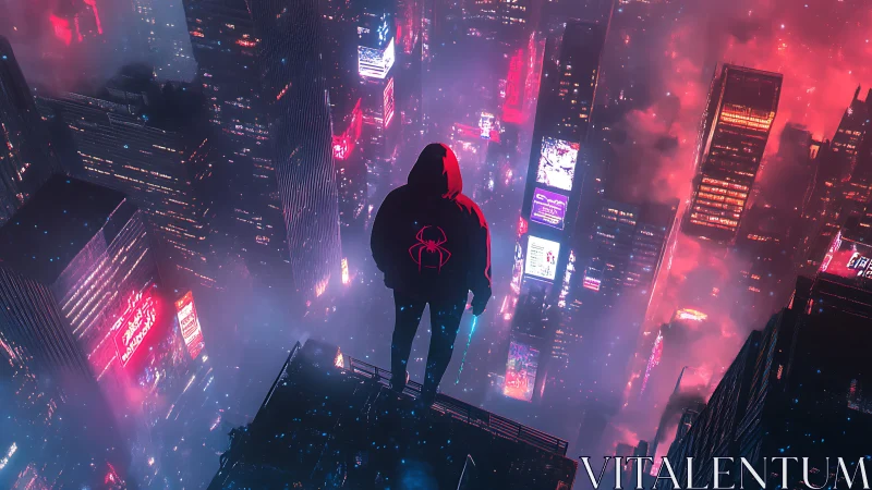 Hooded figure on rooftop overlooking neon cyberpunk megacity