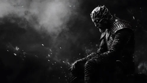 Brooding armored ice king sits alone in swirling darkness.