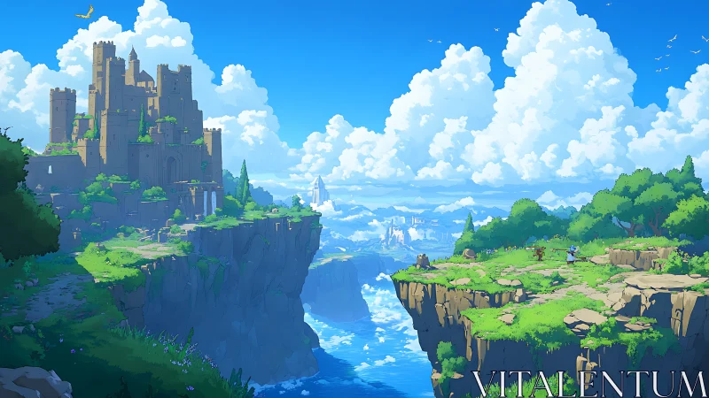 Clifftop stone fortress facing grassy plateau across chasm.