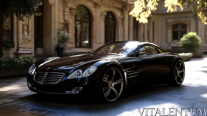 Sleek black luxury coupe resting in a sunlit courtyard.