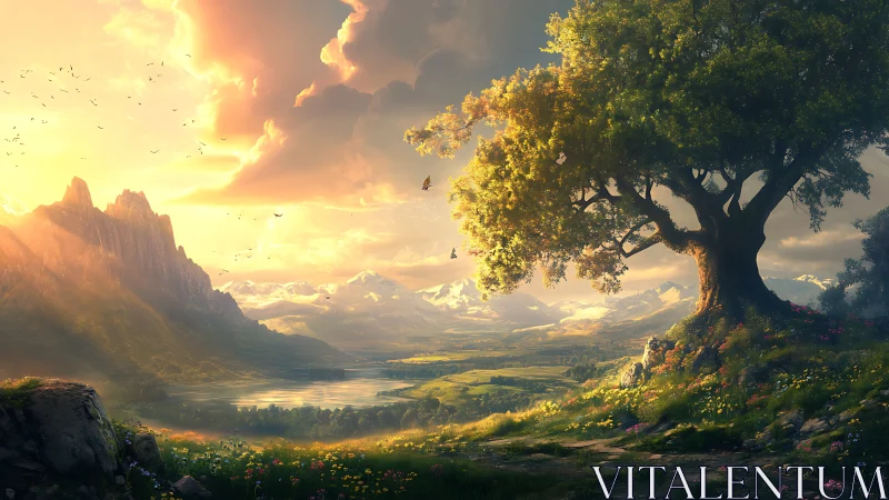 Majestic lone tree overlooks glowing fantasy valley at dawn.