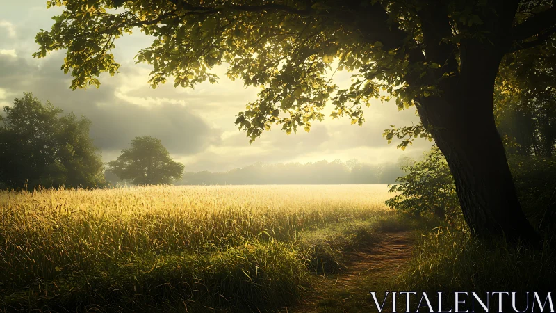 Sunlit country field borders shaded woodland path at dawn
