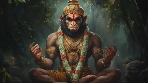 Jungle sage monkey crowned in gold and garlands of calm.