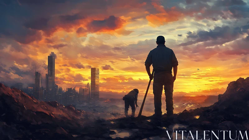 Workers survey ruined city under blazing apocalyptic sunset.