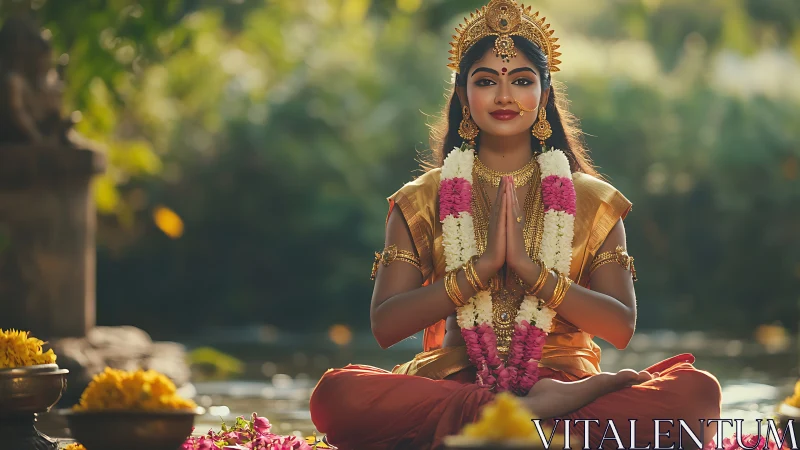 Young woman in traditional attire meditating outdoors.