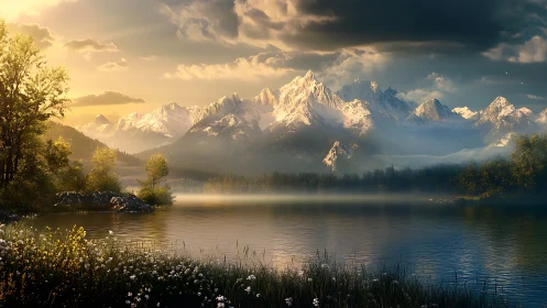 Glacial alpine range over misty lake at golden hour light