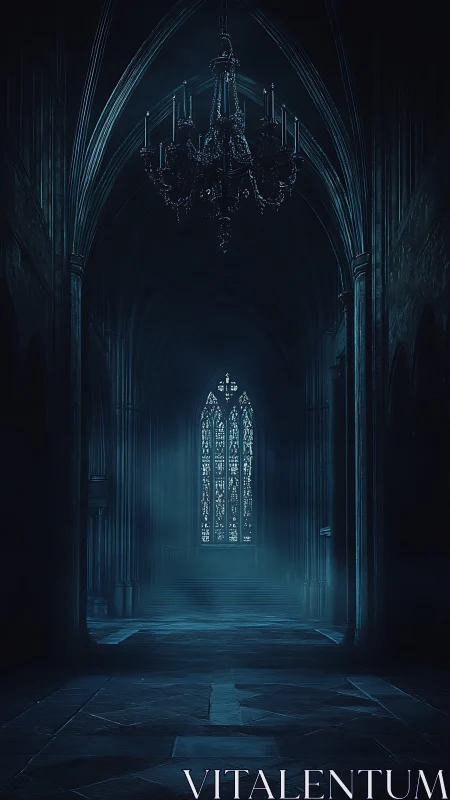 Gothic cathedral nave with chandeliers in low blue atmospheric light.