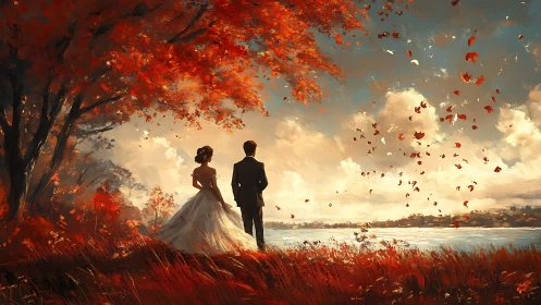Bride and groom stand by autumn lake under falling leaves