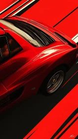 Angled rear-quarter study of red sports car on graphic stripes