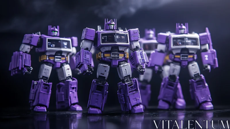 Purple mecha action figures stand in cinematic low-key lighting