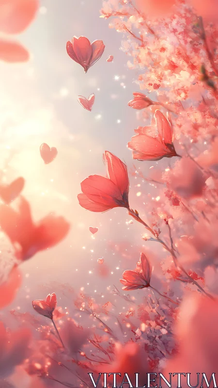 Floating Pink Flowers with Hearts and Sparkles