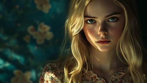 Moody blonde portrait under dappled golden afternoon light.