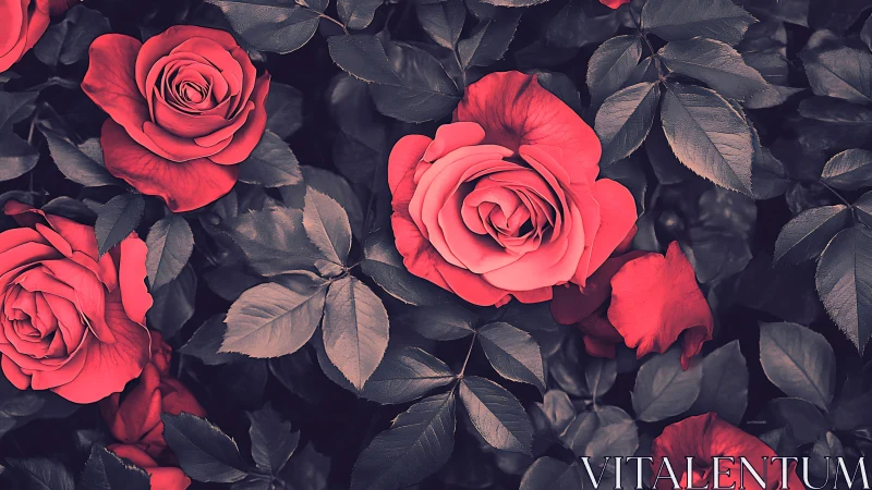 Vibrant Red Roses with Dark Foliage in Natural Light
