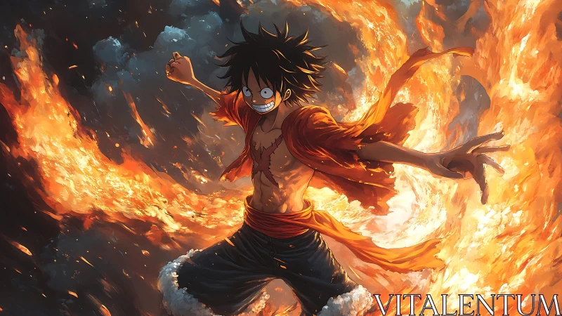 Dynamic anime fighter encircled by high-energy volumetric flames