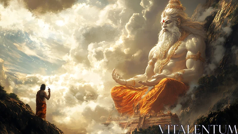 Gigantic seated figure in clouds faces distant robed observer