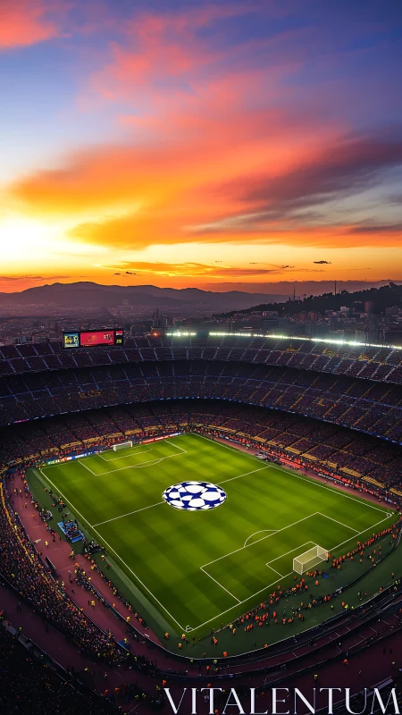 Sunset-streaked sky crowns a glowing championship stadium