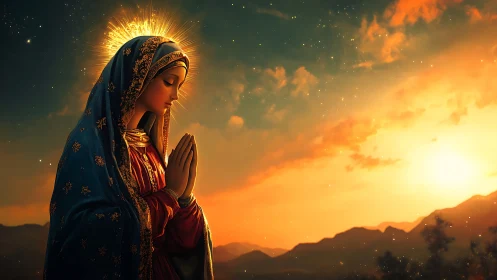 Digital Marian iconography under volumetric sunset radiance.