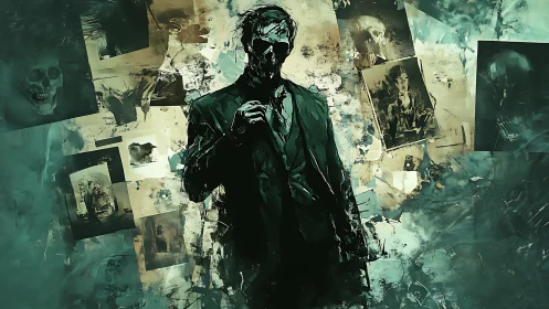 Shadowed curator strolls through a gallery of haunted memories