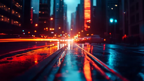 Long-exposure wet street captures urban light trails and bokeh contrast