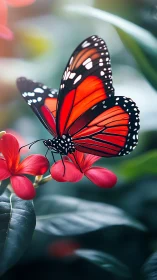Gentle monarch butterfly pausing on bright red blooms.