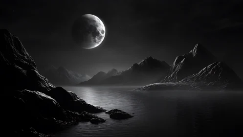 Moonlit mountain bay wrapped in calm, silvery night hush.